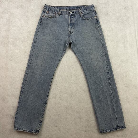 Levis 501 Jeans Mens Size 38X34 Blue Button Fly Straight Leg Medium Wash Denim - Picture 1 of 11